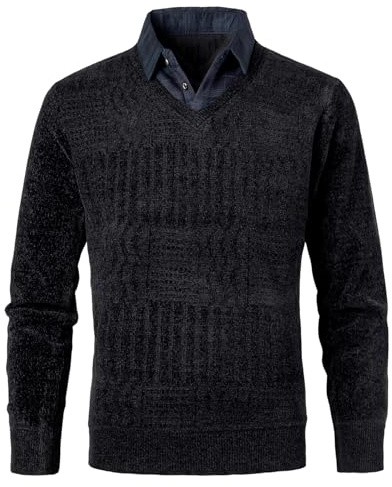 OlyljpinZ Hommes Pull-Over Faux col Manche Longue Chenille Pull en Maille Doublé en Polaire Pullover de Chemise Sweaters Casual Pull en Tricot avec Col en V Hiver Pullover