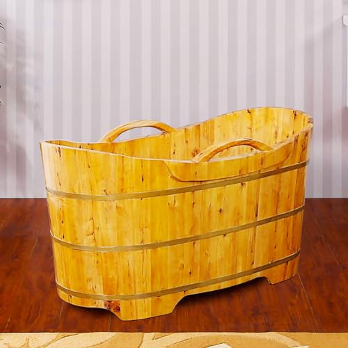 MegLob Wooden Free Standing Bathtub, Mobile Solid Wood Deep Soaking Tub Lit, Japanese-Style Classic Bathtub Stand Couple/Alone with Tub Stool & Handrail, Natural Aged Cedar Wood,140cm/55.19
