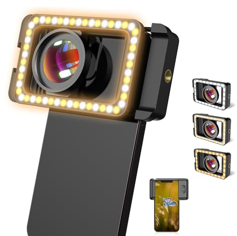 APEXEL Lente Macro 15X para iPhone, Lente de cámara de teléfono 3 en 1 con luz de Relleno LED + Adaptador de Lente de Rosca de 17 mm para iPhone, Samsung, Huawei