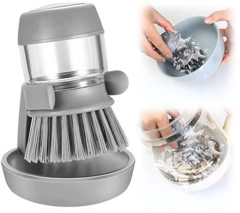 HUAERSICO Spülbürste mit Spülmittelspender - Topfbürste mit Nachfüllbare Spülmittel - Küchenbürste/Reinigungsbürste mit Halterung, Für Reinigen Spülen,Töpfe und Pfannen usw,Grau