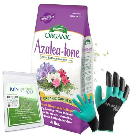 Espoma AT8 Azalea-Tone 4-3-4; 8 lb. with My Garden Pool PH Soil Test Strips 20 ct, and My Garden Pool Superior Gardening Claw Gloves and Garden-IQ, Smart Gardening AI Assistant!