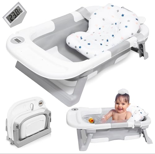 Baignoire Pliable Bebe JOLLY MINO - Baignoire Bébé Avec Thermometre Digital, Coussin De Bain, Baignoire Bebe Pliable, Compacte Portable Avec Plateau De Rangement