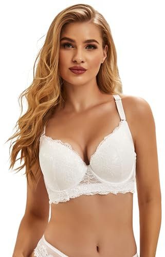 comeondear Womens Minimiser Bras for Large Busts Underwired Plus Size Wide Back Bra for Women UK Support Push Up Padded Bras Lace Balconette Bras Ladies Demi Full Coverage Bras Soft White 40C