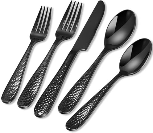 Besteck Set 6 Personen Schwarz, HONKKU 30 Teiliges Gehämmertes Besteckset, Premium Edelstahl Essbesteck Set mit Messer Gabeln Löffel für Familien/Party/Restaurant, Hochglanzpoliert Spülmaschinenfest