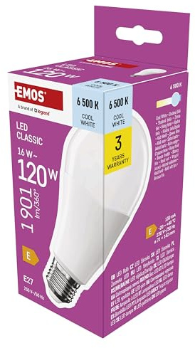 EMOS LED Lampe A70 - große Birne, 16W ersetzt 120W Glühbirne, klassiche Birne in größerer Form, E27 Sockel, Helligkeit 1901 lm, Kaltweiß 6500 K, 30000 h Lebensdauer, CRI min. 80, 180° Abstrahlwinkel