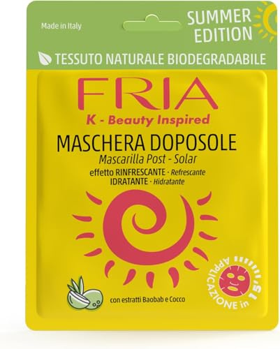 Fria K-Beauty Maschera Viso Doposole con Baobab e Cocco, Azione Idratante e Rinfrescante sulla Pelle, Dermatologicamente Testata, Confezione da 5 Maschera