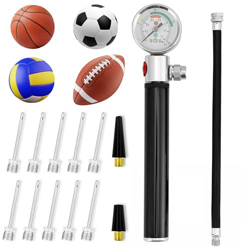 Ballpumpe mit Manometer: Mini Luftpumpe aus Aluminiumlegierung Tragbare Ballpumpe mit Aufblasnadeln für Basketball Fußball Volleyball und Andere Aufblasbare Bälle