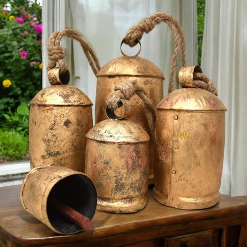 Uppsättning av 5 stora klockor XXL – bondgårdsklockor vintage stil harmoni shabby chic rustika koklockor för juldekor – guldklockor på rep – dekorativa klockor hängande ornament