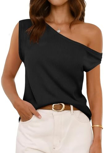 Cicy Bell Womens Off One Shoulder Tops Summer Ribbed Knit Tank Tops Trendy Casual Loose Fit Sleeveless Tee Shirts Black