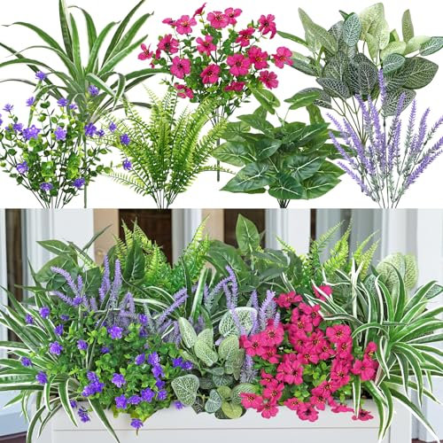 UXORSN 20PCS Artificial Plants Outdoor Fake Flowers UV Resistant Artificial Flowers Greenery Stems Boston Fern Lavender Faux Shrubs Plastic Plant for Garden Porch Planter Window Box Decor