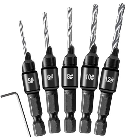 6 PCS Countersink Drill Bit Set, 5 PCS Quick Change 1/4inch Hex Shank Countersink Bit, 1 PCS Hex Wrench, for Drilling Holes in Wood, Composite Panels, and Plastics