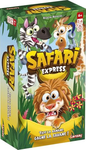 Lansay | Safari Express | Jeu d’Ambiance Familial avec 100 Cartes et Banane Pouet-Pouet | Réflexes, Observation, Mémoire et Fous Rires | À Partir de 2 Joueurs | Dès 6 Ans | Jeu Rapide et Interactif