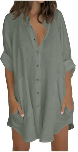 Camisas largas de manga 3/4 para mujer, estilo casual, holgadas, con botones, cuello alto, túnica con bolsillo, blusa ligera de lino y algodón para verano, para playa, tallas grandes, 22/24 en