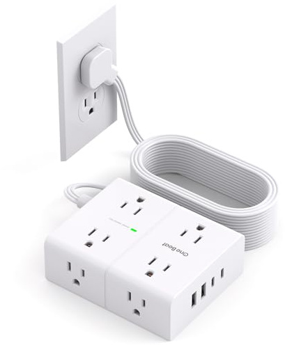 10Ft Extension Cord with Multiple Outlets, Flat Plug Surge Protector Power Strip 10 Ft Long Cord, 8 Outlets & 4 USB Ports (2 USB C), 900J Desk Charging Station for Home Office, College Dorm Essentials