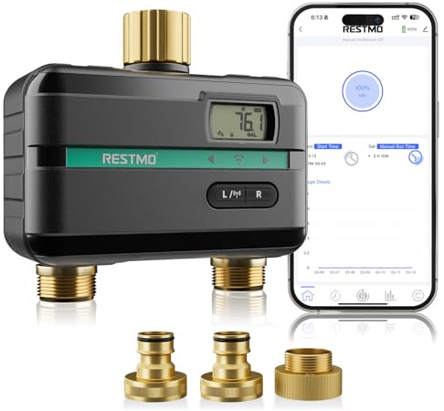 RESTMO Smart Sprinkler Timer with Flow Meter Water Timer for Garden Hose | 2 Zone Brass Inlet & Outlet, Automatic Lawn & Yard Irrigation Watering System (Bluetooth Connection, Not Include Hub)