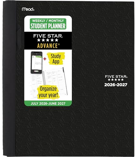 Five Star Planner 2026-2027 Weekly & Monthly Academic 12-Month July-June Advance Student Planner + Study App, 8-1/2 x 11, Black (CAW65905)