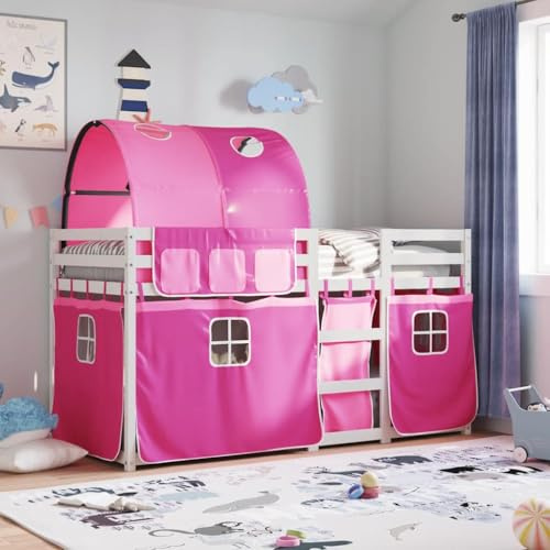 KKHOMEI Letto a Castello 90 x 200 cm con Scivolo e Tende, per Bambini, Adolescenti, Letto a Soppalcocon Scala e Protezione Anticaduta, Letto a Castello, Lettino per Bambini, Bianco e Rosa