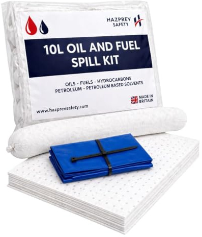 HAZPREV Safety Oil Only Spill Kit | CE Marked | High Capacity White Absorbent Pads & Socks | Oils, Fuels & Hydrocarbons | Repels Water | UK Manufactured | Clip Top Bag (10L)