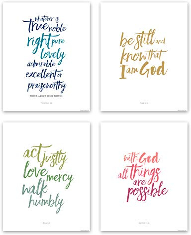 Scriptionery Scripture Wall Art Brush Calligraphy Bible Verse Prints Set of 4 Christian Home Decor for Living Room Bedroom Office Unframed 8x10 Color