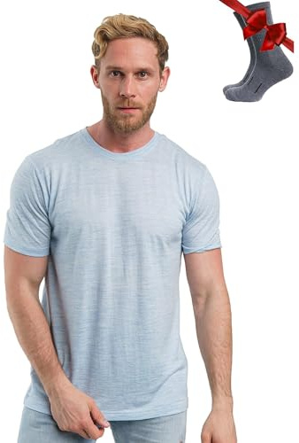 Merino.tech Merino Wool T Shirt Mens - Merino Wool Base Layer Men Undershirt Lightweight + Hiking Socks (Arctic Blue, X-Large)