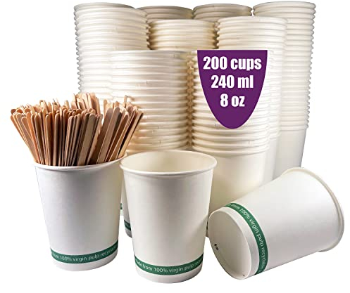 200 Gobelets Jetables pour Café 240 ml / 8 oz. Gobelets en Papier blanc à Usage unique, Avec Agitateurs en Bois, Idéales pour le Café et Boissons chaudes ou froides