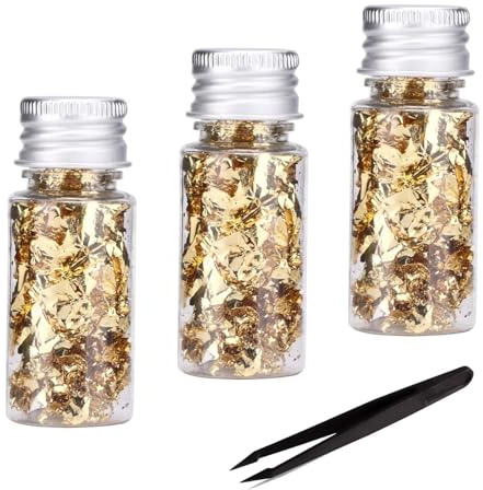 WEDAMOO 3 Botellas Hojas de Oro Comestibles - Pan Oro para Decorar de Pasteles - Pan Oro Manualidades para Maquillaje - Copos Lámina Oro para Tartas para Decoración Alimentos Pintura Uñas