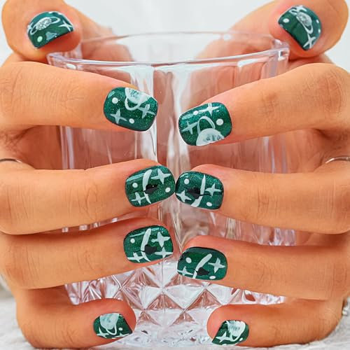 Sethexy Halloween Paillettes Fait main Faux Ongle Oeil de chat Vert Carré court Faux ongles Peinture à la main Appuyez sur l'ongle Qualité durable. pour les femmes et les filles (14)