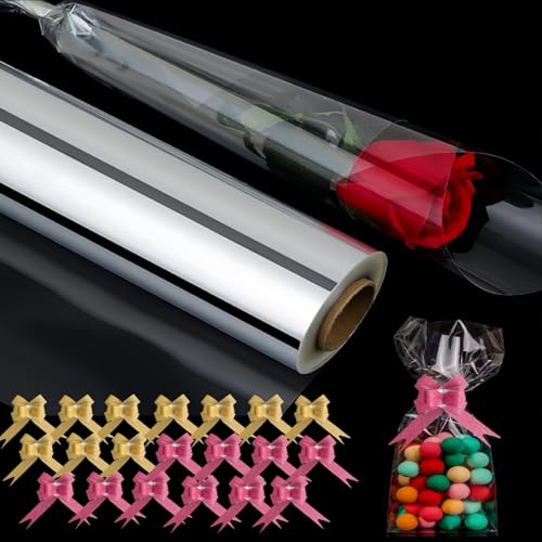 ZCOINS Cellophan Geschenkfolie Transparent Rolle 40cm x 30m, 25 µm Klar Cellophanfolie Blumenpapier Transparente glasklare Folie, Zellophanfolie Rolle mit 20 Schleife ziehen für Blumen, Körbe, Basteln