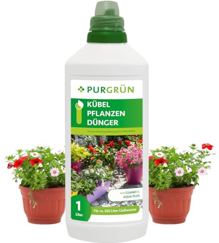 Purgrün® Kübelpflanzendünger 1 Liter – Organisch-mineralische Rezeptur – Premium-Flüssigdünger mit Spurennährstoffen – NPK 8+8+6 – Mit Guano & Aqua Plus – Für leuchtende Blüten