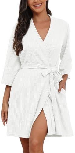 PrinStory Vestaglia da donna a nido d'ape, morbida vestaglia kimono con scollo a V a maglia corta, accappatoio da notte, bianco, L