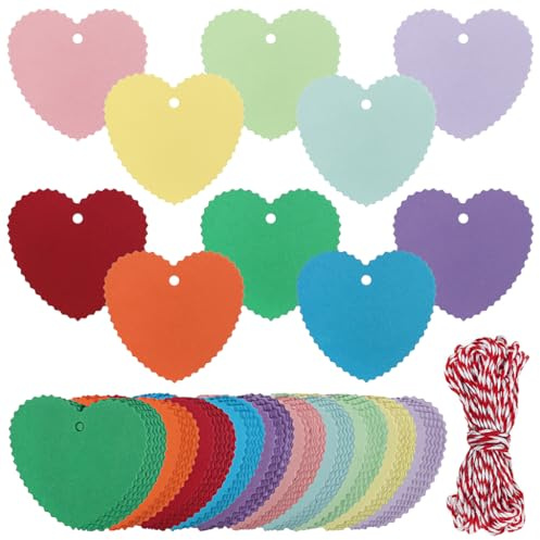 IKR 100PCS Paper Gift Tags - Heart Shaped, 10 Colors, Blank Name Tags for Present, Birthday, Valentine, Wedding, Christmas Favour, DIY Crafts - 5X5CM
