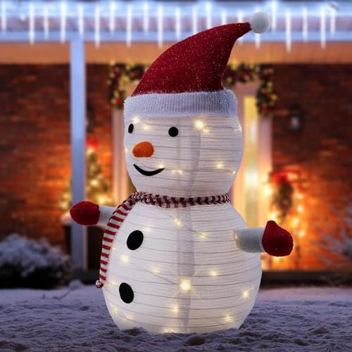 ECD Germany LED Weihnachten Schneemann mit Mütze, Schal & Handschuhe, 68cm hoch, Gartenfigur mit 30 warmweißen LED, Timer, batteriebetrieben, Innen-Außen, faltbar, Weihnachtsbeleuchtung Weihnachtsdeko