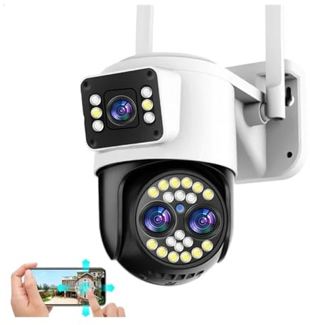 Telecamera di Sorveglianza, Telecamera IP 4K 8MP HD Telecamera IP a tre obiettivi Doppi schermi Zoom 10X PTZ Telecamera di sicurezza esterna for visione notturna a colori con audio bidirezionale ,Tele