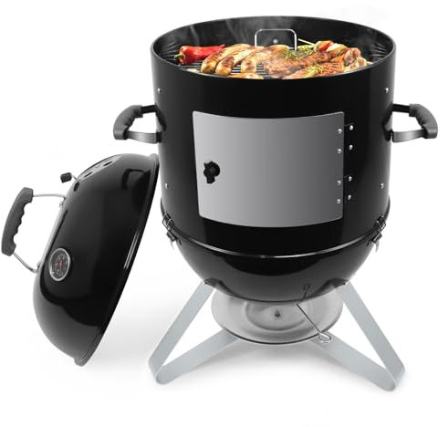 kisidus Barbacoa de carbón vegetal XXL con tapa, barril de ahumado, parrilla esférica con salida de aire regulable y termómetro, ahumador de agua, parrilla grande para ahumado, barbacoa de camping con