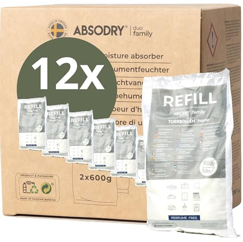 AbsoDry Duo Family - Dehumidifier Refill Pack 12 x 600 g - Compatible - Prevents Odour & Binds Moisture - Desiccant Bag with Granules for Room Dehumidifier - Dehumidifier Refill Pack