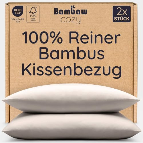 Bambaw Kopfkissenbezug Bambus 80x80 cm, 2-er Pack, haarschonende Sommer Bettwäsche kühlend, hypoallergene und antibakterielle Bettwäsche, Kissenbezug 80 x 80 Bambus (Sand)