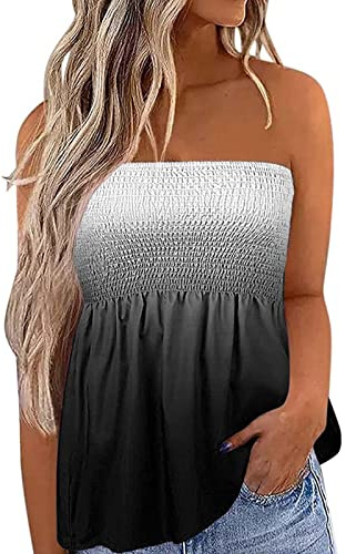 LYSINK Women Summer Tube Tops Sleeveless Strapless Pleated Stretch Tops Casual Flowy Off The Shoulder Going Out Blouses (Bd Black Gradient, 2XL)