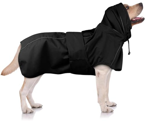 OUOBOB Hunde-Regenmantel für große Hunde mit Kapuze, wasserdichter reflektierender Regenmantel mit verstellbarem Kordelzug und Leinenloch-Abdeckung, winddichter Mantel für Regen, Schnee, Wetter