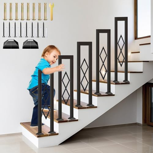 YUJEYHD Ringhiera per Scale Forma di U, Metallo Corrimano con Diamante e Base Coperta, Passamano Interna per Loft, Balcone, Balaustra Esterna, Installazione Verticale (Nero, 75cm)