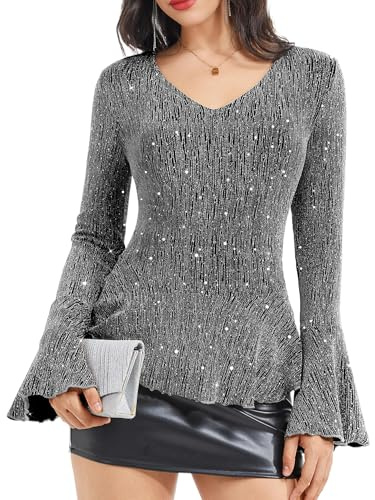 Timormode Sparkly Tops for Women Long Sleeve V Neck Sequin Shirts Slim Fitted Ruffle Glitter Blouses Cocktail Evening Party Wedding TMT7005 Silver L