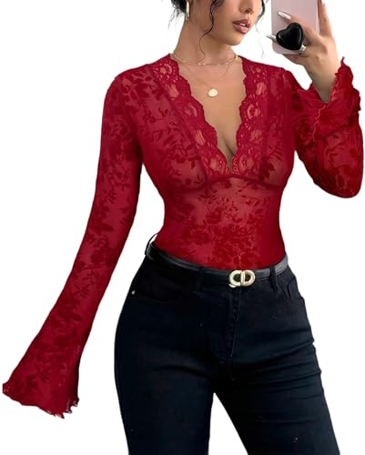 LEBOOBELL Blouse à Manches Cloche en Dentelle pour Femme Motif Floral Manches Longues Haut Sexy(L, Rouge)