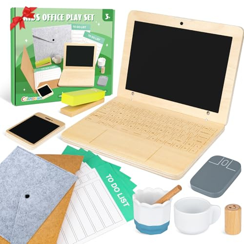 Set da ufficio in Legno per Bambini, Commodum Giocattoli per Giochi di Ruolo, Laptop e Telefono, Mouse, Tazza, Timbro per Bambini dell'asilo, Regali Originali per Ragazzi e Ragazze