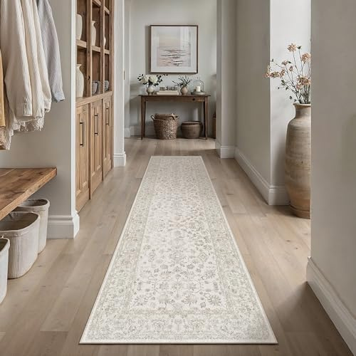 PureCozy Alfombra Pasillo Vintage Antideslizante Lavable Beige 60x240cm Alfombras Dormitorio Tapete Habitacion Pelo Corto Quarto Diseño Floral para Cocina Comedor Carpet