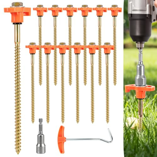 12 piquetas de tornillo para camping, camping, tornillos con rosca, piquetas de tornillo con picker y soporte de cuerda, ganchos para tienda de campaña para suelo duro, bosque, prado, hierba