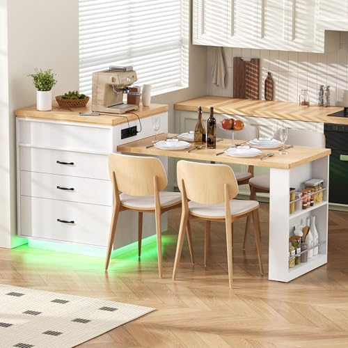 KUAKE Isola cucina con ruote, table de cuisine extensible avec éclairage LED, table de cuisine avec prises, table de bar avec tiroirs, buffet pour cuisine et salle à manger
