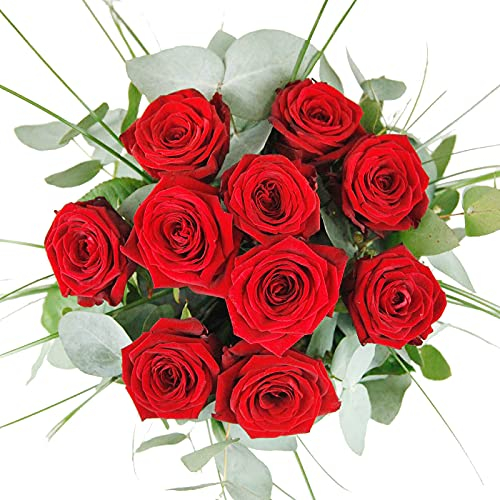 Ich liebe dich - Premium Blumenstrauß mit 10 großblütigen roten Rosen und Eukalyptus - Inklusive Grußkarte