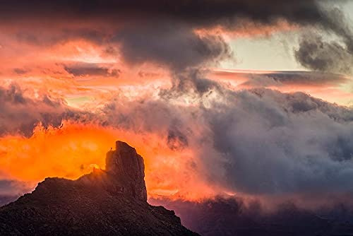 ArtExpert Spain-Canary Islands-Gran Canaria Island-Tejeda-mountain landscape with Roque Bentayga-sunset by Walter Bibikow - 18x12 Art Print Poster