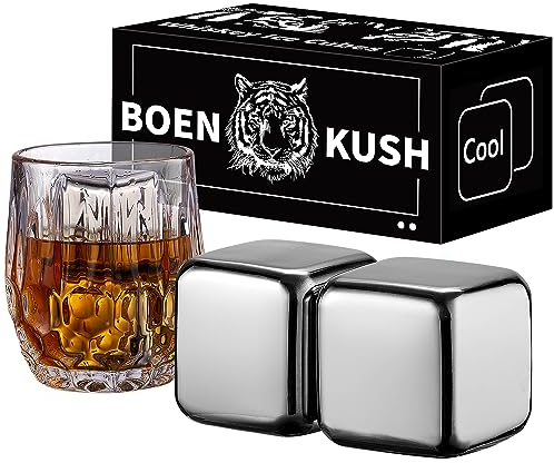 Whisky Steine – 2 große 64 cm³ wiederverwendbare Edelstahl Metall Eiswürfel Getränke kühl Whisky steine für Rotwein, Bier, Scotch, Wodka-Getränke – Silber Geschenkset für Männer