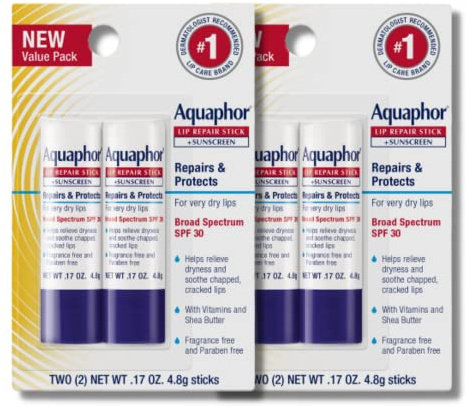 Aquaphor Lip Repair and Protect Stick with Sunscreen, Broad Spectrum SPF 30 Sunscreen Lip Balm, 0.17 Oz Stick, Pack of 4