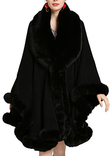 ORANDESIGNE Scialle Stola in Pelliccia Sintetica Donna Cappotto Poncho Lavorato a Maglia Mantella Stola con Nappe Cardigan Sciarpa Caldo per Sposa Festa Matrimonio Invernale C Nero